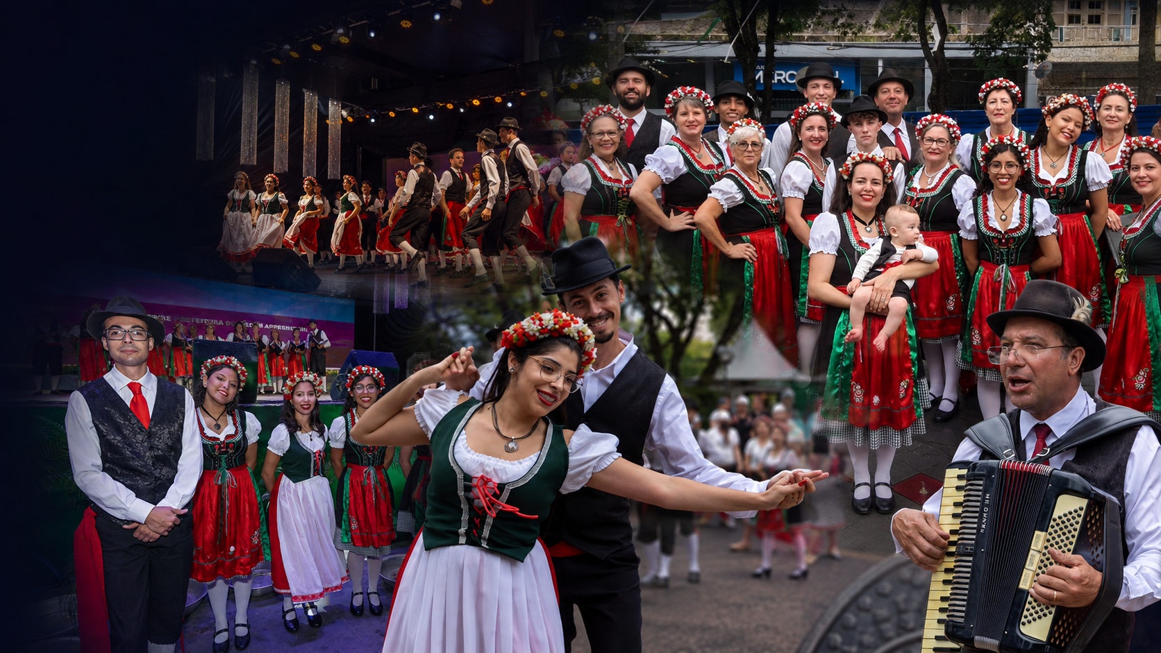 Grupo Stella Bianca em apresentações de dança, canto e música com o maestro ao acordeom